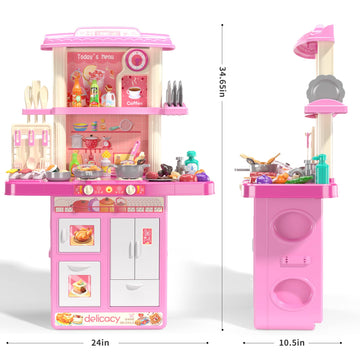 Temi Kitchen Playset For Kids, Play Kitchen For Toddlers, 46 Pcs Kitchen Toy Accessories Set, Real Sounds And Light, Indoor/Outd