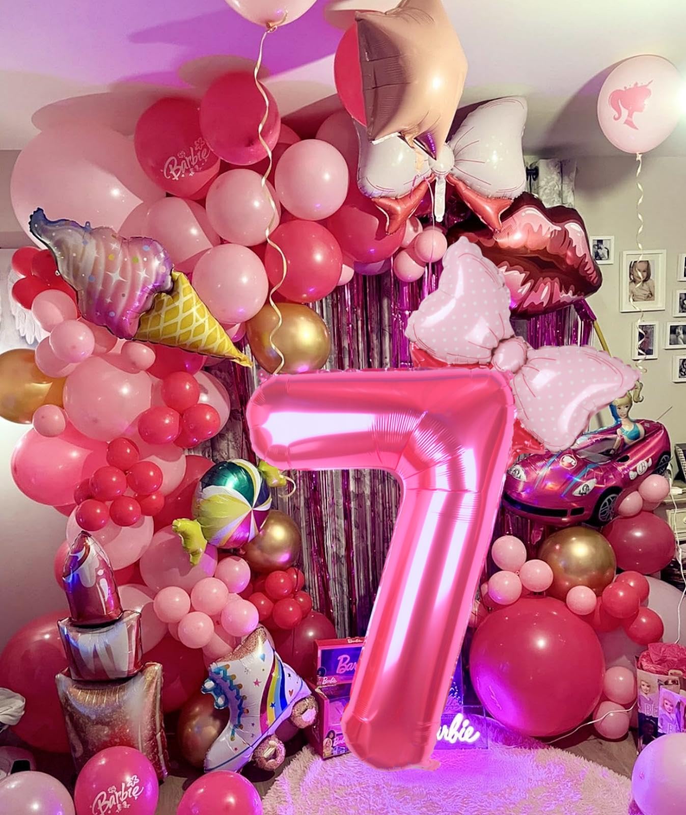 Kwuz 40 Inch Pink Number 7 Balloon with Mini Bow Balloon for Girls 7th Birthday Decorations, Pink Girl Mouse Princess Western Co