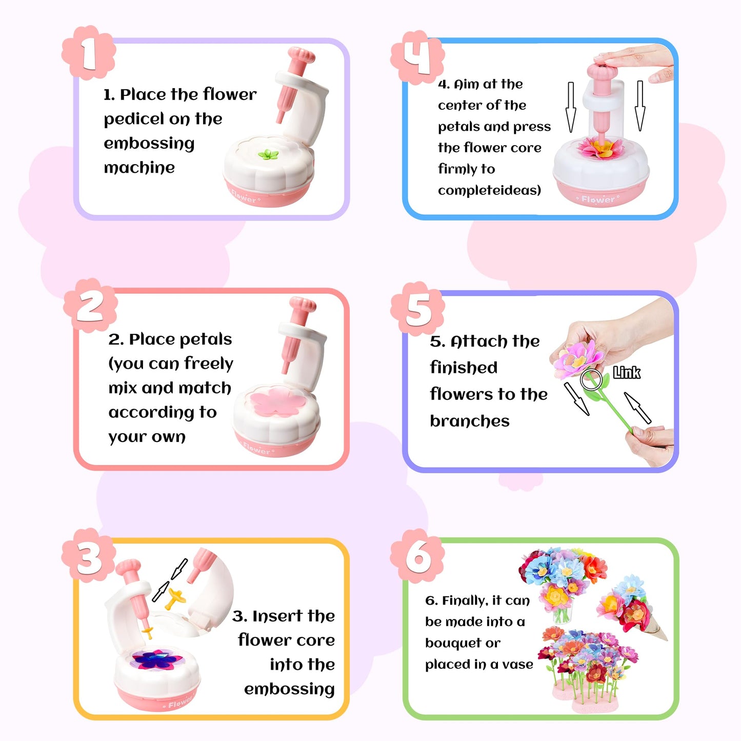 PERRYHOME Fabric Flower Bouquets DIY Kit, 300+ Pcs, Educational Arts & Crafts for Kids, White Purple, Model PFT01-CA02