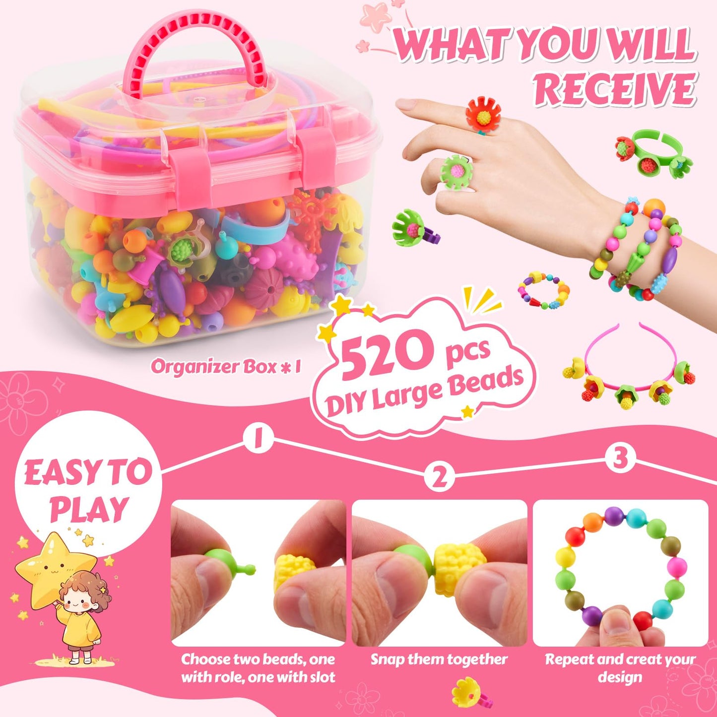 Arthopt Pop Beads, Jewelry Making Kit for 3 4 5 6 7 8 Years Old Girls, Arts and Crafts for Kids,Large Snap Beads DIY Necklace Br