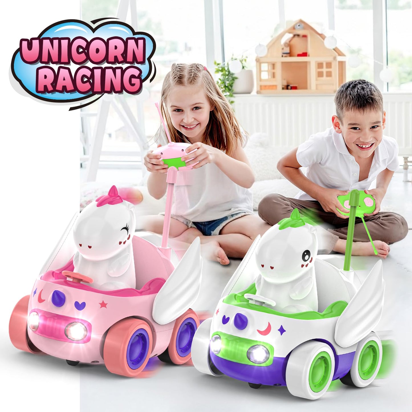 Kroyedfuw 2 Pack Unicorn Remote Control Car For Toddler, Unicorns Gifts For Girls And Boys, Car Toys For Kids With Led Lights An