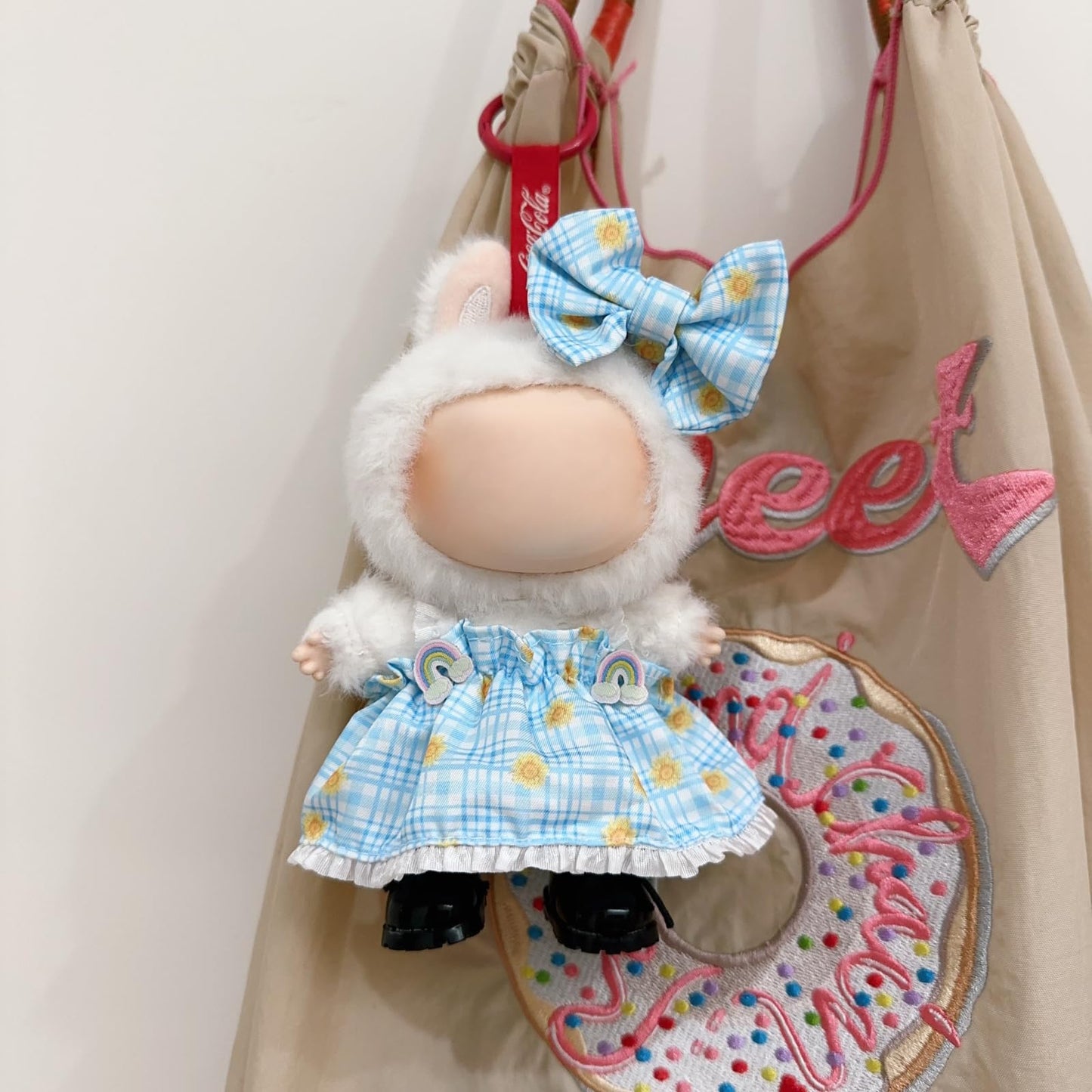 3-Piece Clothes for 17cm Doll Clothes Set & Outfit-Light Blue Gingham Plaid Dress + Butterfly Clip + Versatile Black Glossy Shoes
