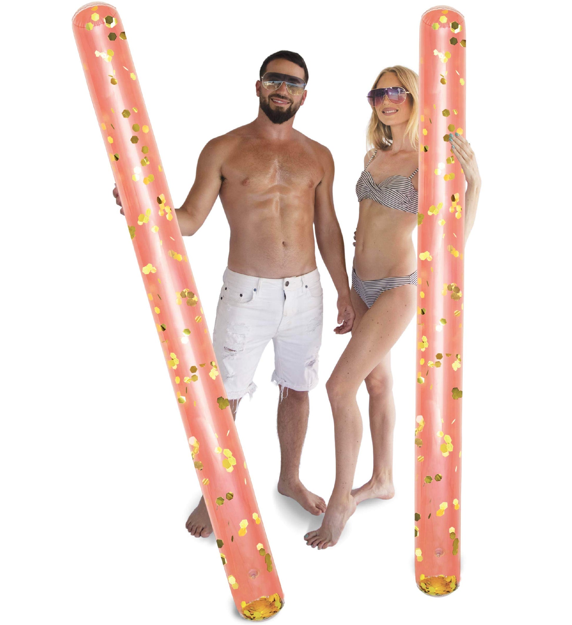 POZA 2 Pack Inflatable Pool Noodles - enhanced Jumbo Pool Noodle Float  elegant Giant Pool Floats Set  Sparkle Gold Confetti Pool Float for Swimming Pool  Beach  River and Lake  74 Inches - Rose Gold