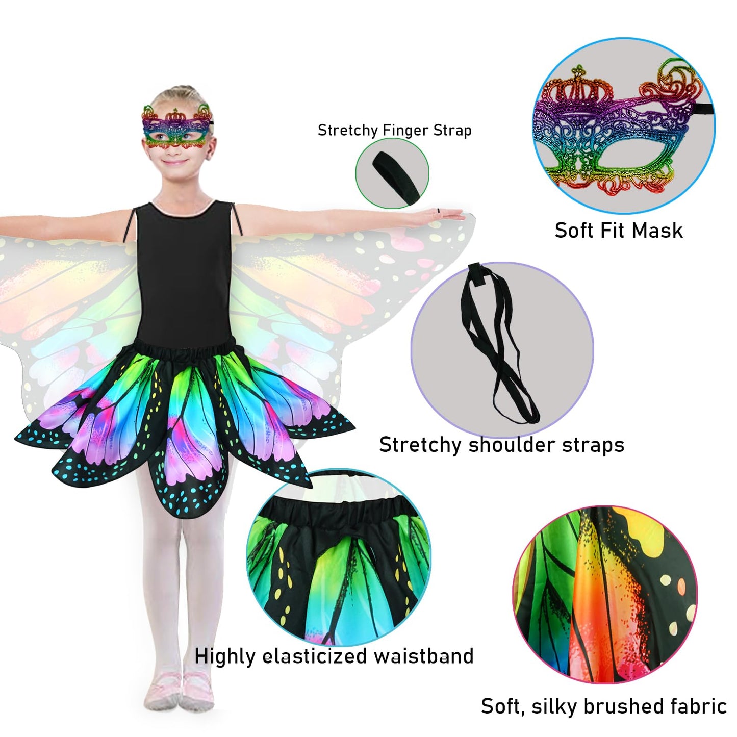 Sunlisky Kids Butterfly Wings Costume For Girls Fairy-Wings Mask Party Favors Gifts (Rainbow+Skirt Sets)