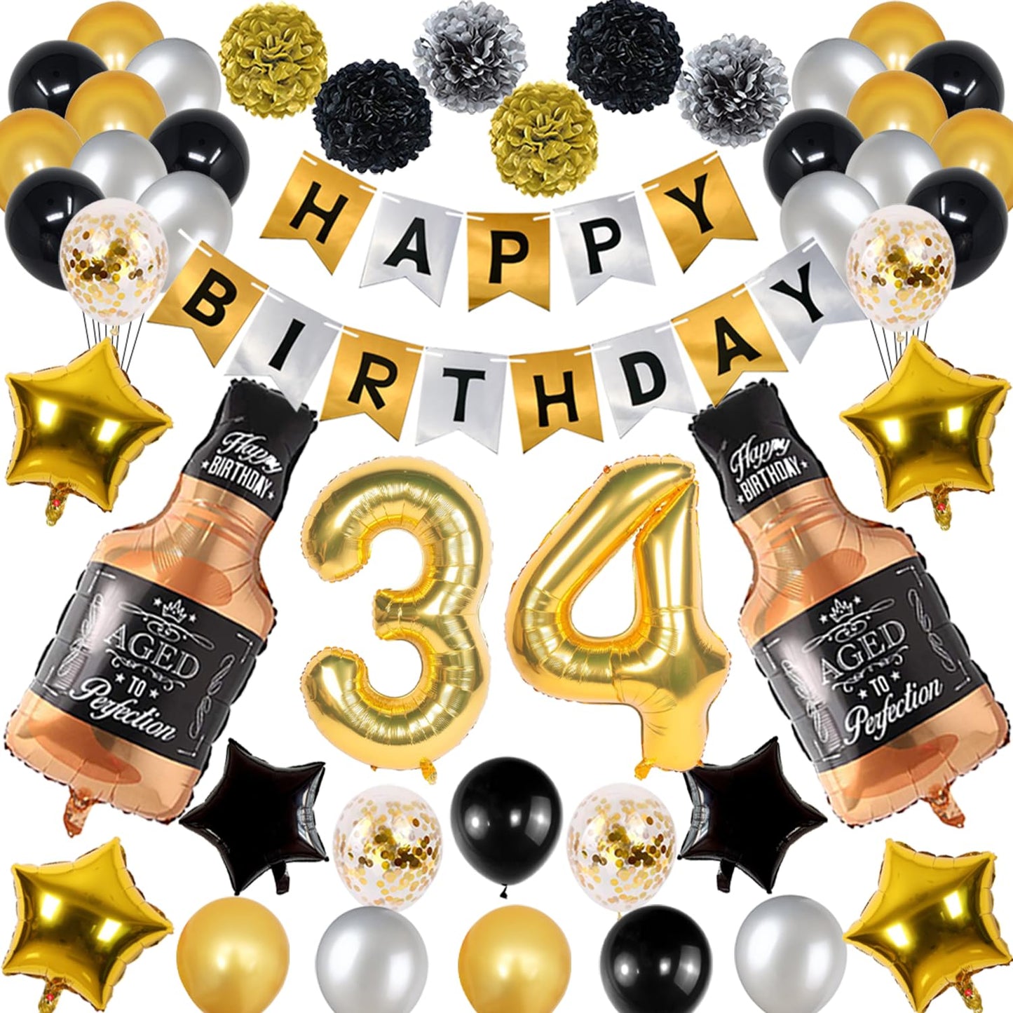 Naninuneno 34Th Gold Birthday Decorations, Gold Black Silver Happy Birthday Balloons Supplies For Boy Men Girl Women, 34 Birthda