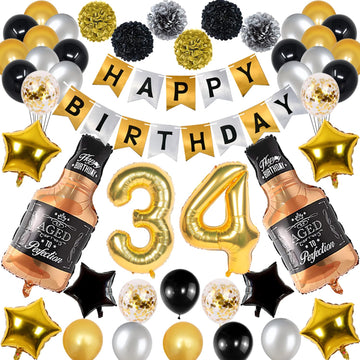 Naninuneno 34Th Gold Birthday Decorations, Gold Black Silver Happy Birthday Balloons Supplies For Boy Men Girl Women, 34 Birthda