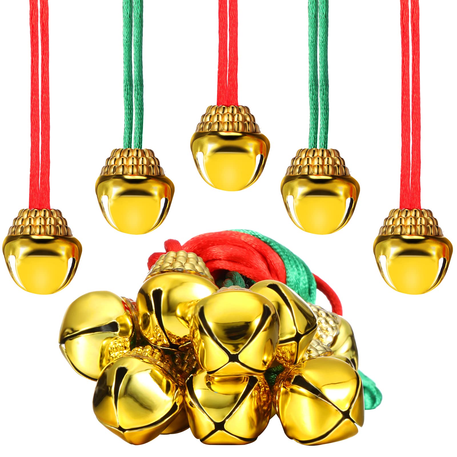 12 Pieces Christmas Bell Necklaces Large Gold Red Green Christmas Bell Necklaces for Craft Holiday Party Supplies (Cute Colors)