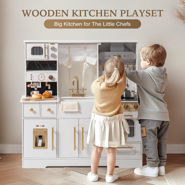 ROBOTIME Wooden Play Kitchen for Toddlers and Kids, Toy Kitchen Set with Ice Maker and Coffee Machine, Realistic Toddler Kitchen