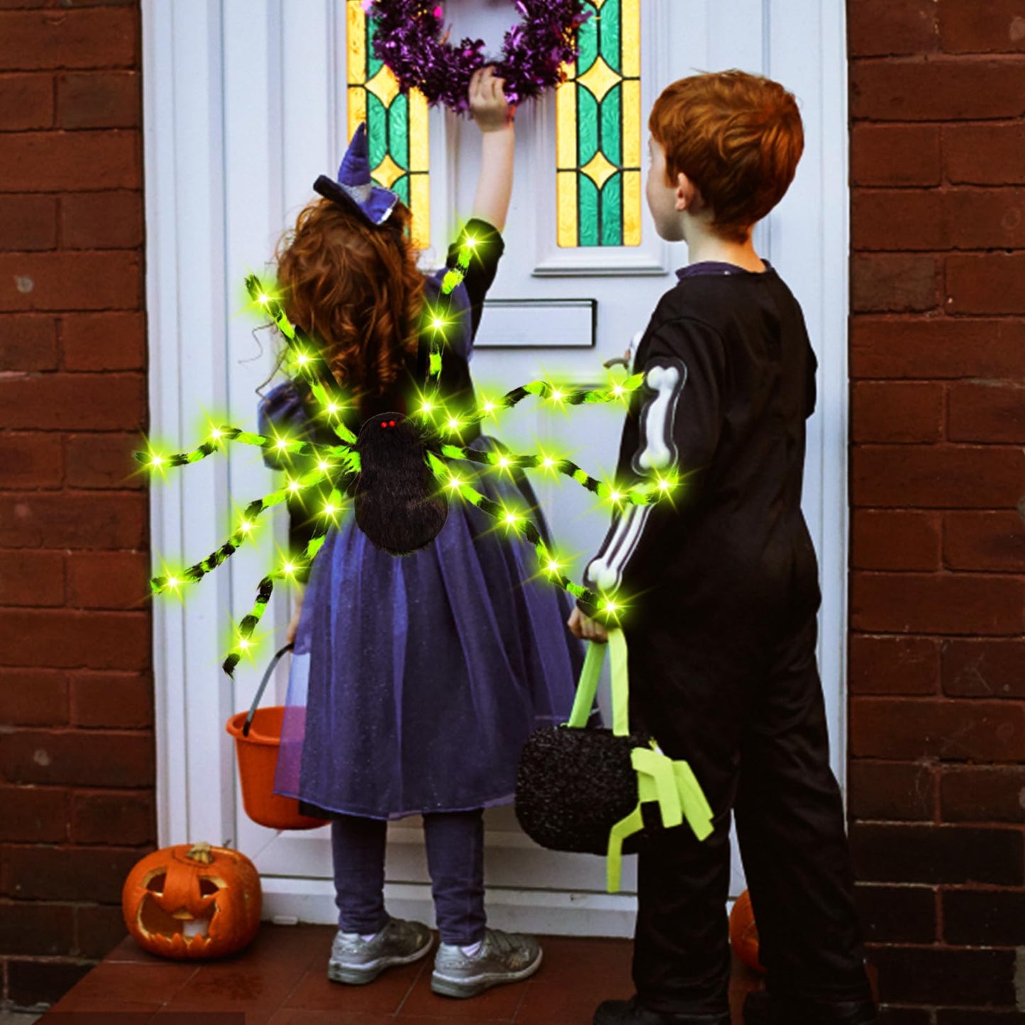 Garma Halloween Giant Spider Costume Set, 60 Led Green Light-Up Spider Backpack With Spider Headband, Scary Plush Costume For Ki