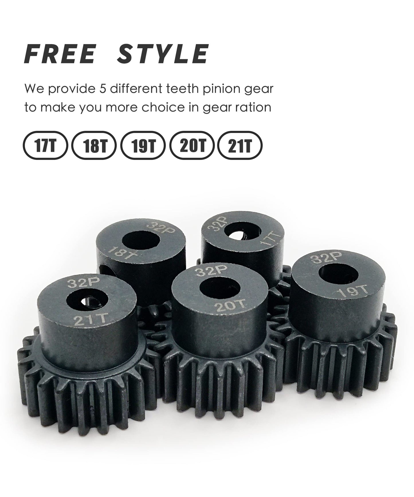 VICRAZZE 32p 5mm Pinion Gear Set 17T 18T 19T 20T 21T with 1/8 inch(3.175mm) Coupler and hex Key for 0.8 Metric Pitch RC Buggy Ca