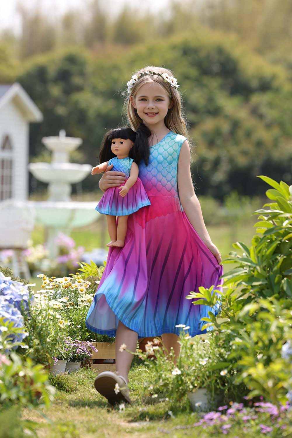 Bow Dream Girl Dress and Matching American Girl Doll Clothes Accessories Rainbow Mermaid Unicorn Size 120