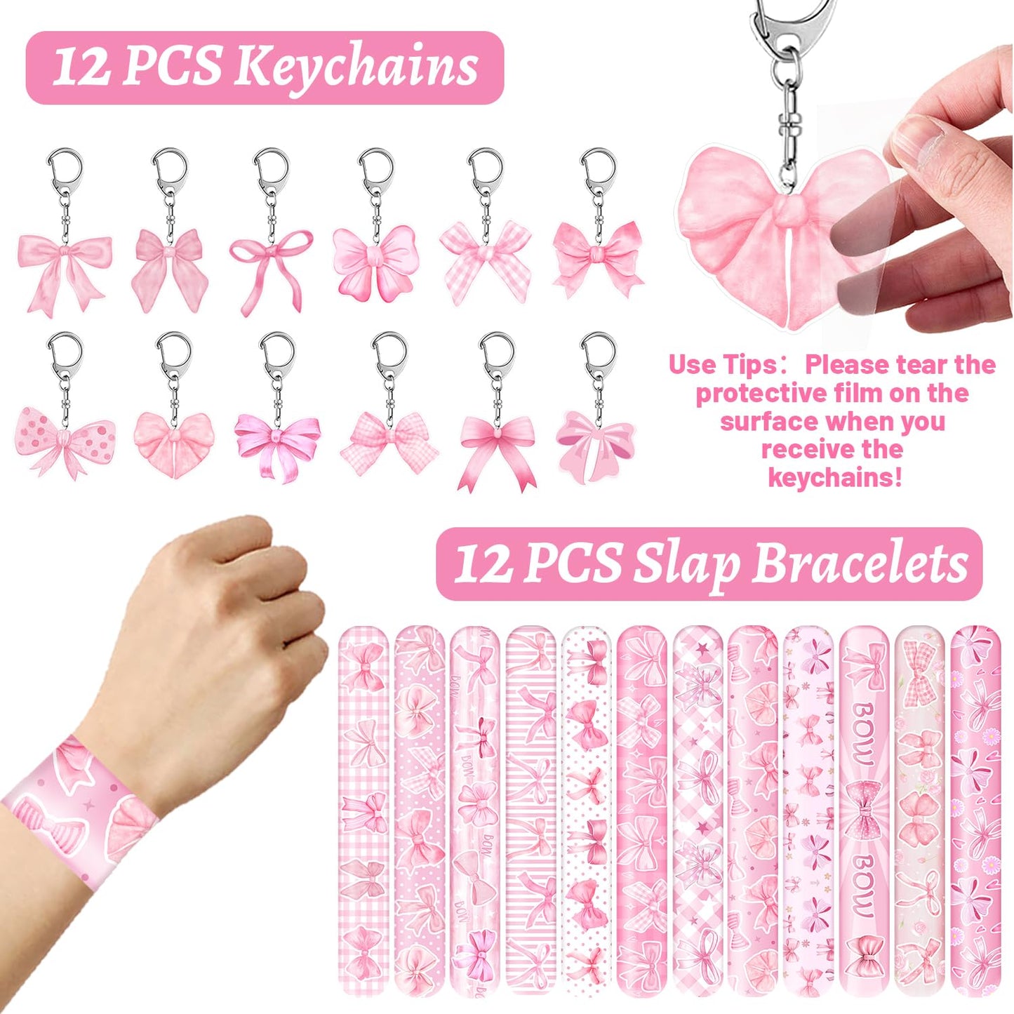 110 PCS Pink Coquette Bow Party Favors, Pink Coquette Bow Temporary Tattoos Slap Bracelets Stickers Keychains Badges Gift Bags f