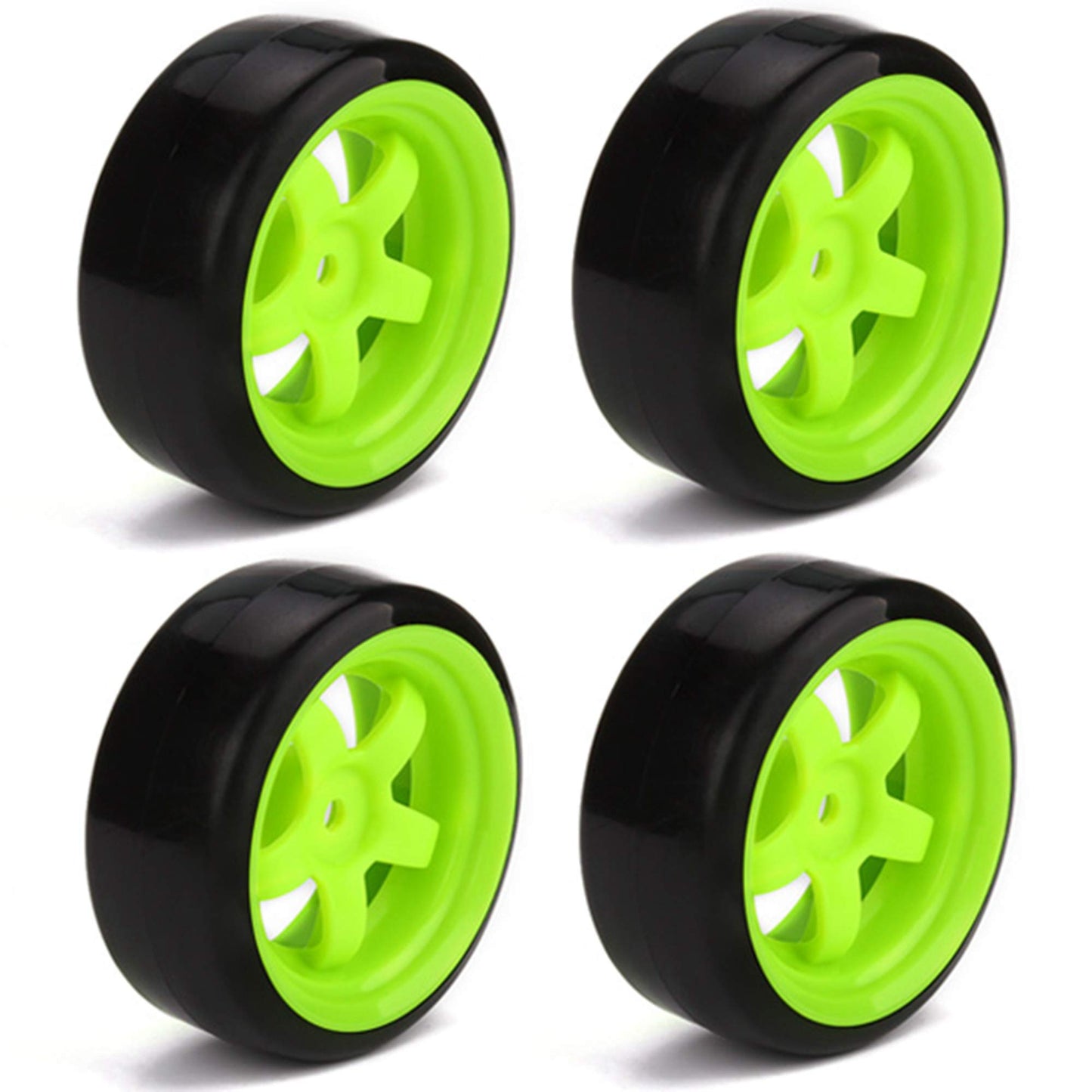 BQLZR 65 mm OD Black Plastic Smooth Tires with Green Wheel Rims for RC 1: 10 On Road Racing & Drift Car Pack of 4