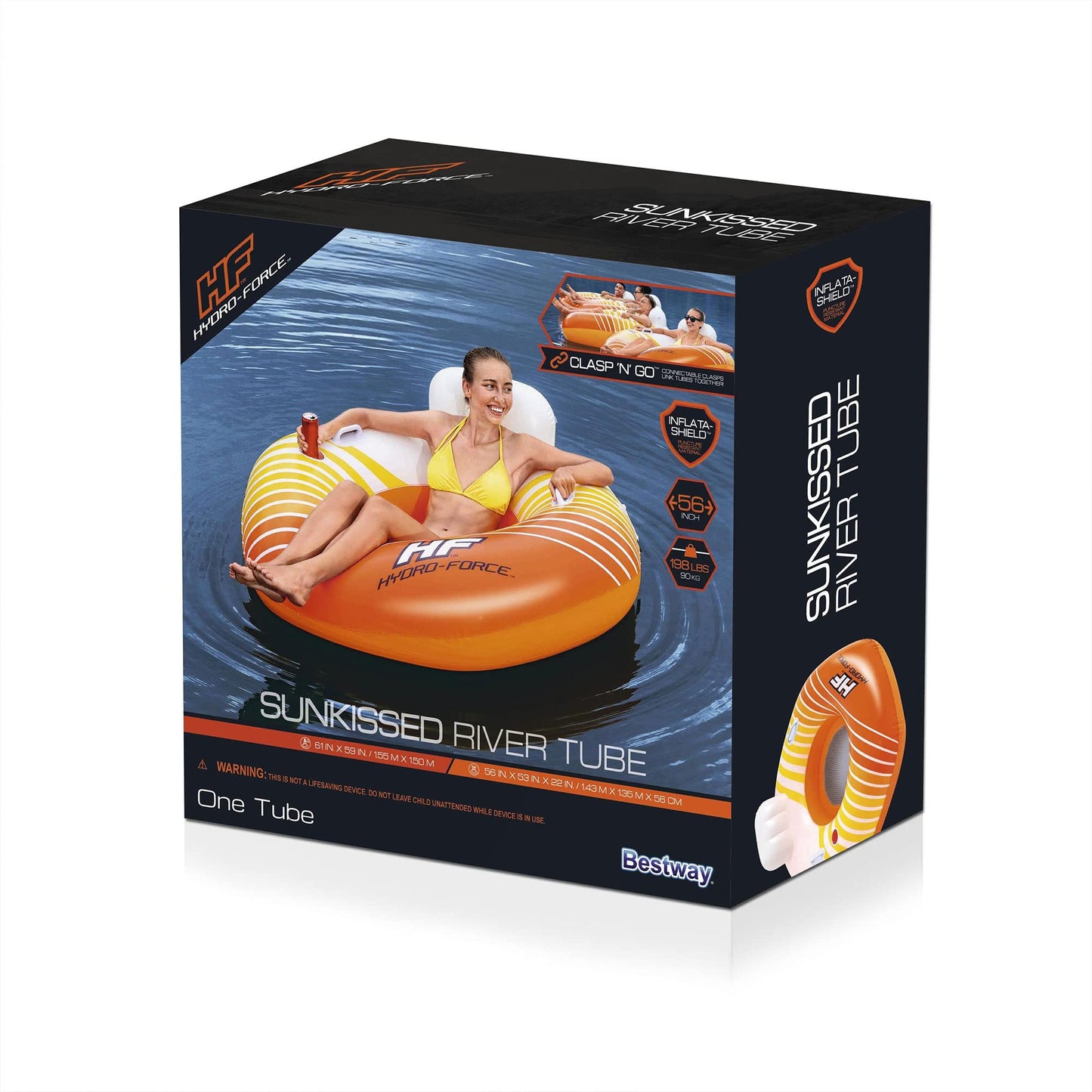 Hydro-Force 43399E Swimming Pool, Lake, River, Beach Inflatable PVC Clasp N Go Inner Tube Ring Float with Cup Holder, Sunkissed