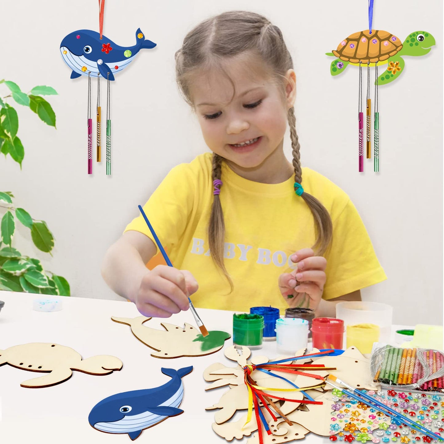 Fennoral 9 Pack Wind Chime Kit For Kids Make Your Own Ocean Animals Wind Chime Wooden Arts And Crafts For Girls Boys Ornaments D