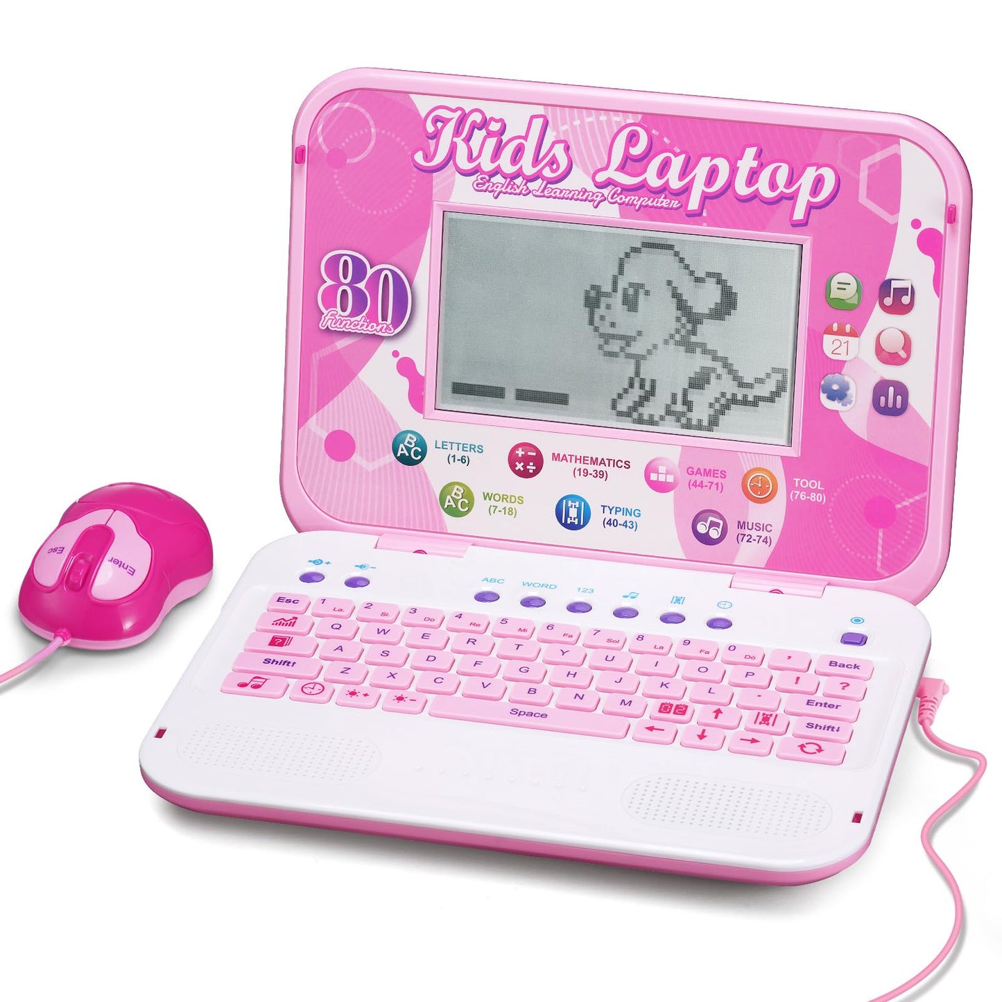 LESHITIAN Kids Laptop - 80 Learning Modes, 7" Screen, Educational Computer for Ages 5+, Pink Plastic Design