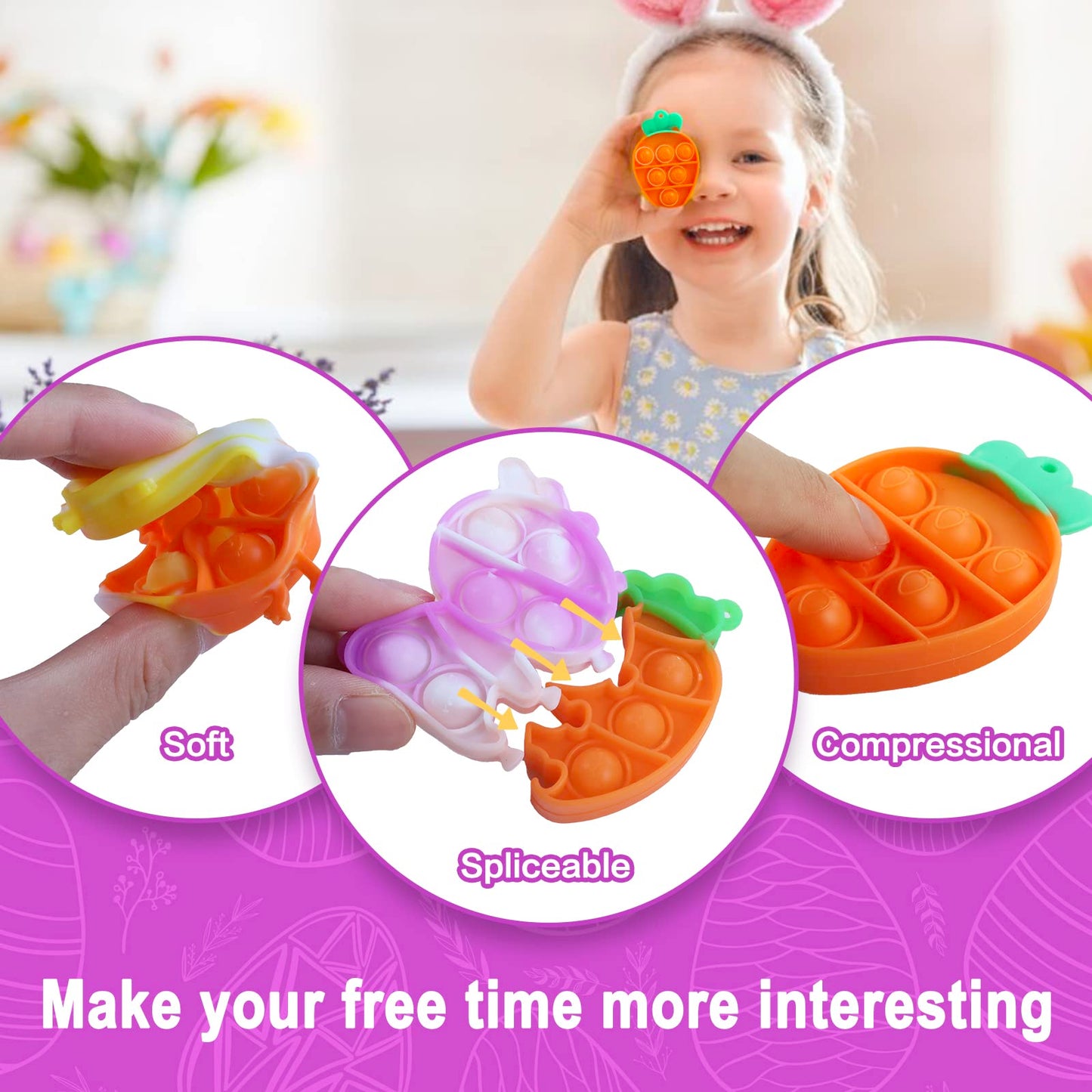 Jdsty 24Pcs Easter Mini Pop Keychain,Mini Easter Fidget Sensory Simple Pop Toys For Easter Basket Stuffers, Egg Fillers Gifts, E