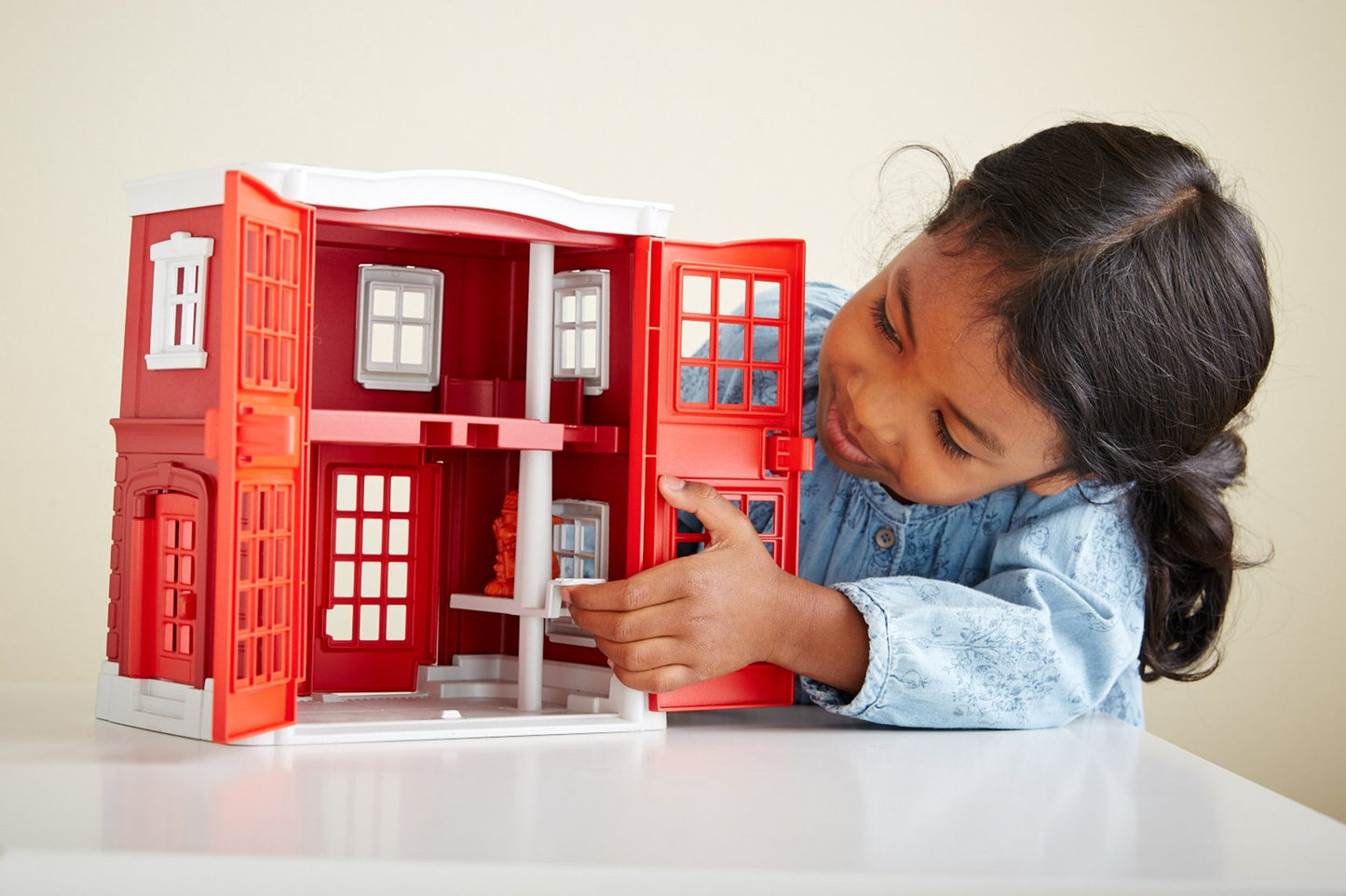 Green Toys Fire Station Playset - 8 Piece Role Play Toy, 100% Recycled Plastic, Multi Color, Model PFIR-1156, Dishwasher Safe