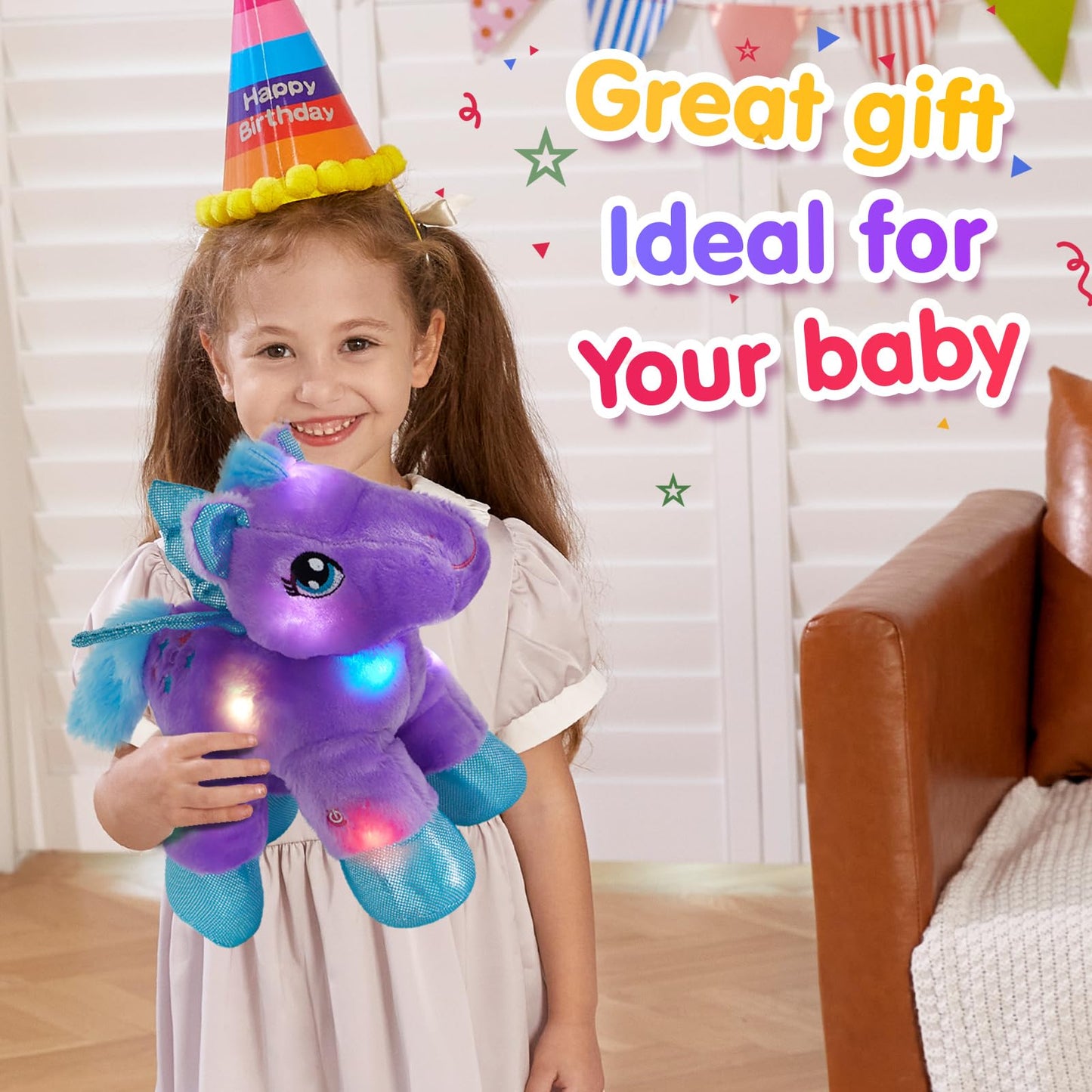 Bstaofy Light Up Pegasus Stuffed Animal Glow Unicorn Led Soft Plush Toys, Bedtime Nightlight Companion Gift For Kids On Christmas Birthday, Purple