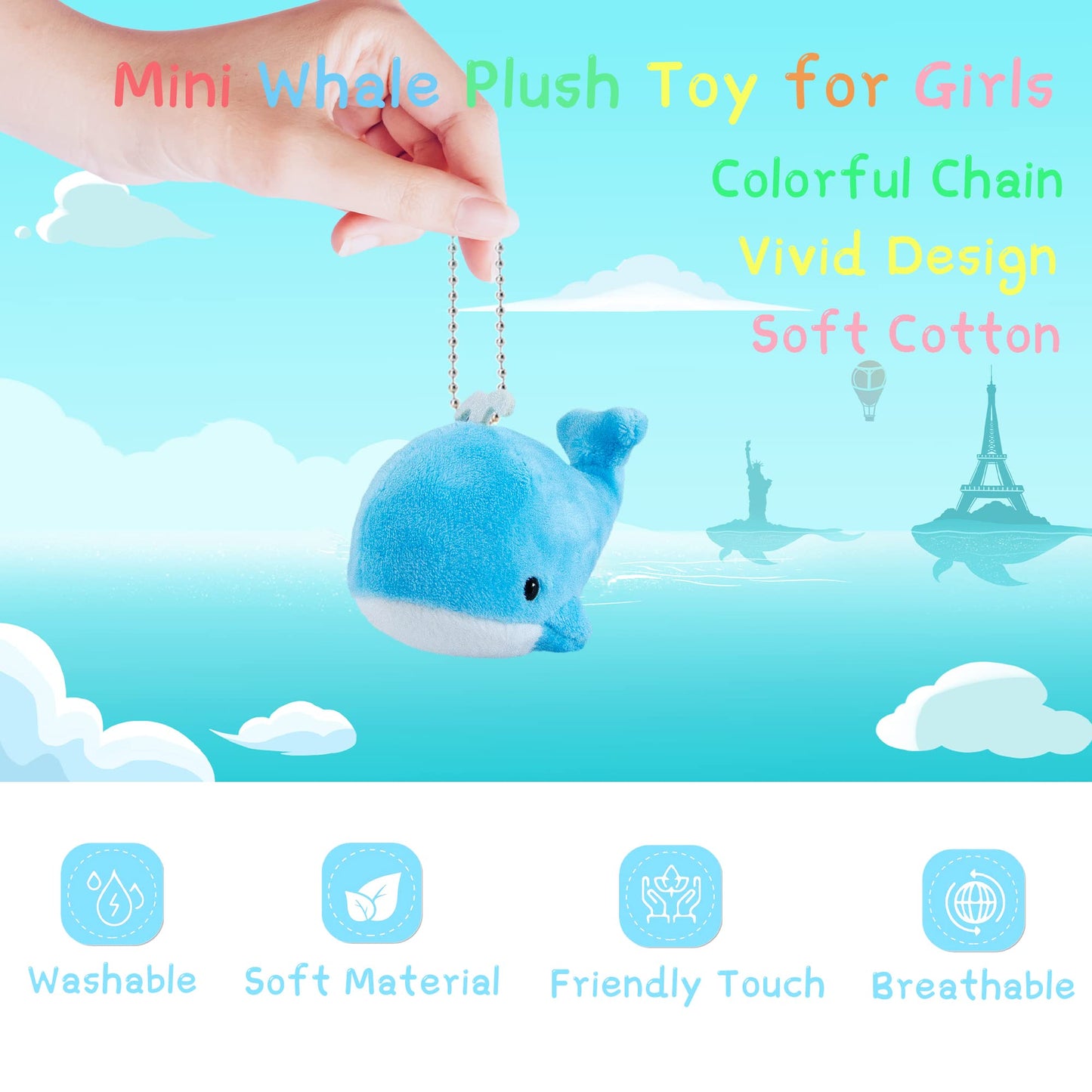 Whale Plush Toy Set BB FUNHOUSE 6 Packs Soft Easter Animal Stuffed Plush Key Chain Set Goodie Bag Fillers Party Favor Carnival Prizes for Kids Boys and Girls  3.14inch