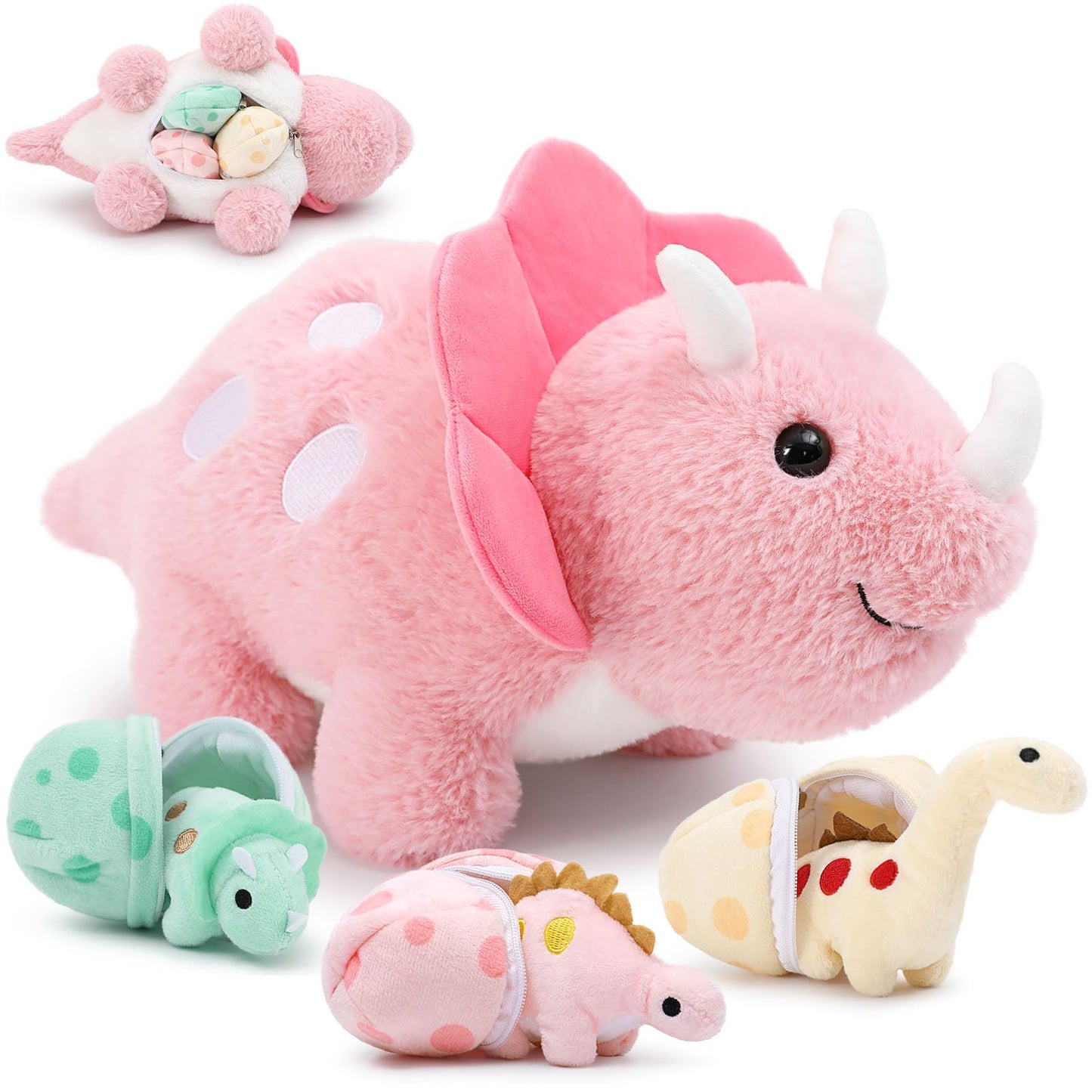 Karister Plush Dinosaur Stuffed Animals Set - Pink Mommy Dinosaur with 3 Baby Dinosaurs (Triceratops, Stegosaurus, Diplodocus)