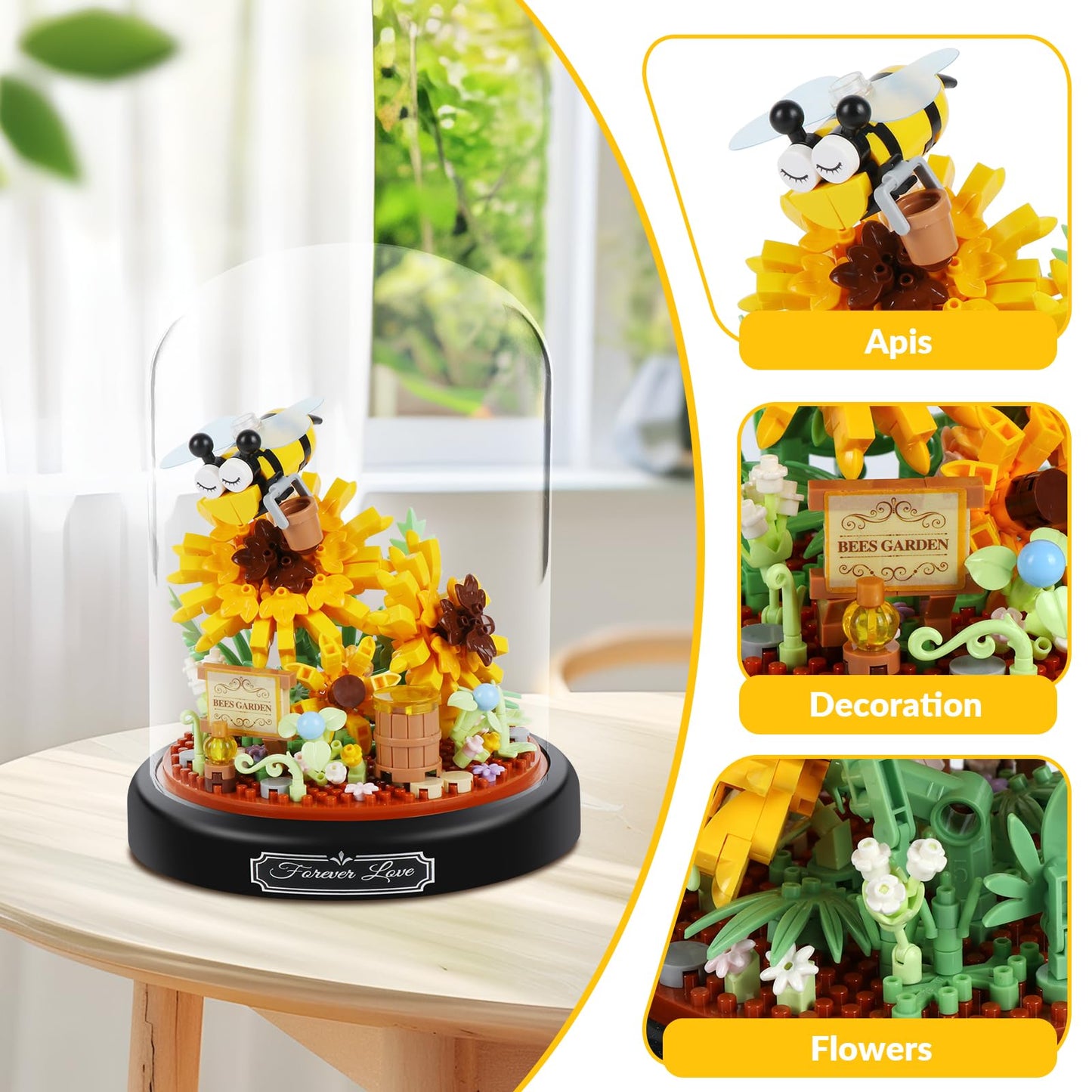 ZQJKLE Sunflower Bee Bouquet Building Block Set, 548 PCS, Medium, Yellow, Acrylonitrile Butadiene Styrene, Model P2280