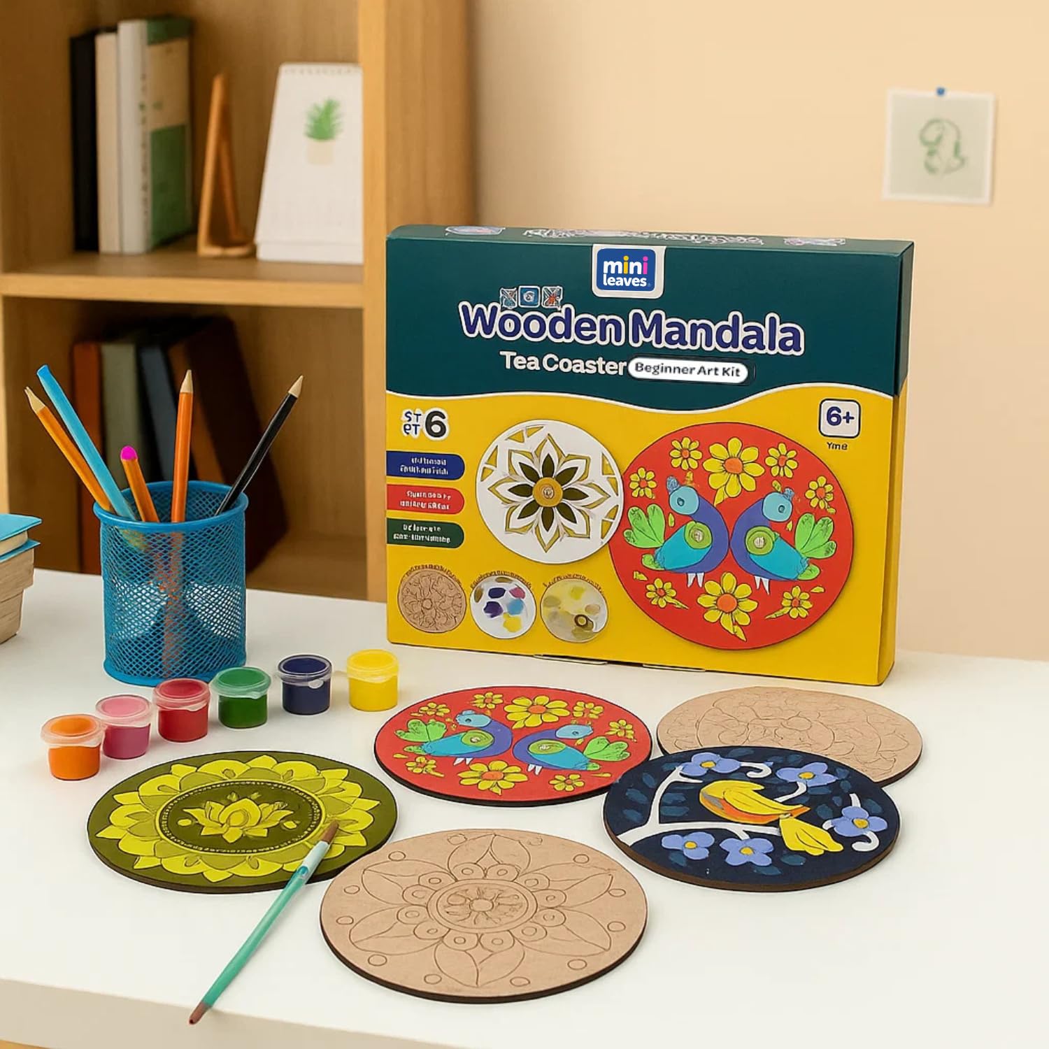 Mini Leaves Wooden Mandala Art Kit For Kids 6-12 And Adults | Beginner Mandala Drawing Kit With Set Of 6 | Wooden Mandala Art Pa