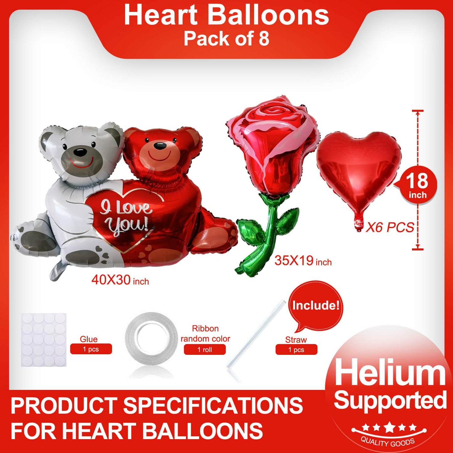 8 Pcs Red Heart Balloons Love Bears Balloons Red Flower Rose Balloons For Valentines Day Decorations Bridal Shower Wedding Party