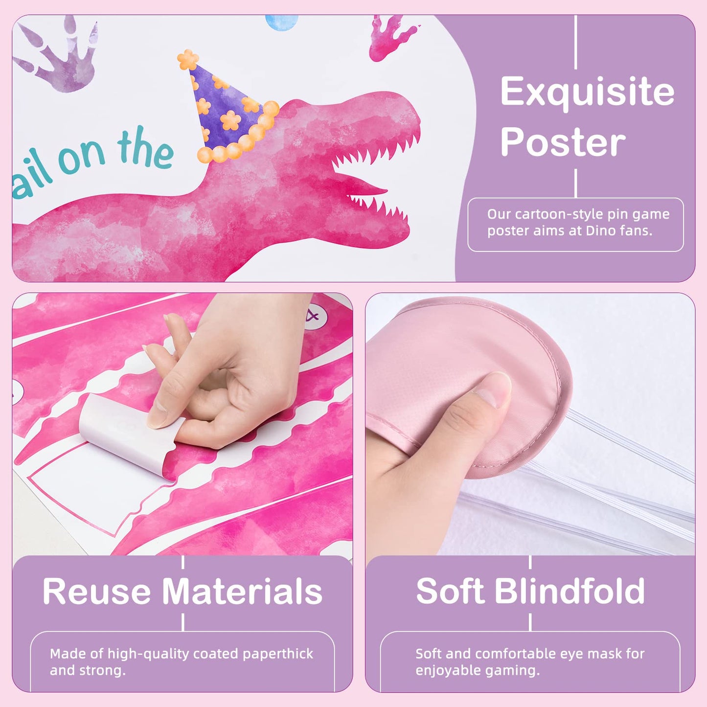 WERNNSAI Pin The Tail on The Dinosaur Game - Dino Theme Party Supplies, 21" x 28" Poster, 24 Pcs Pink Tails for Kids Birthday Parties