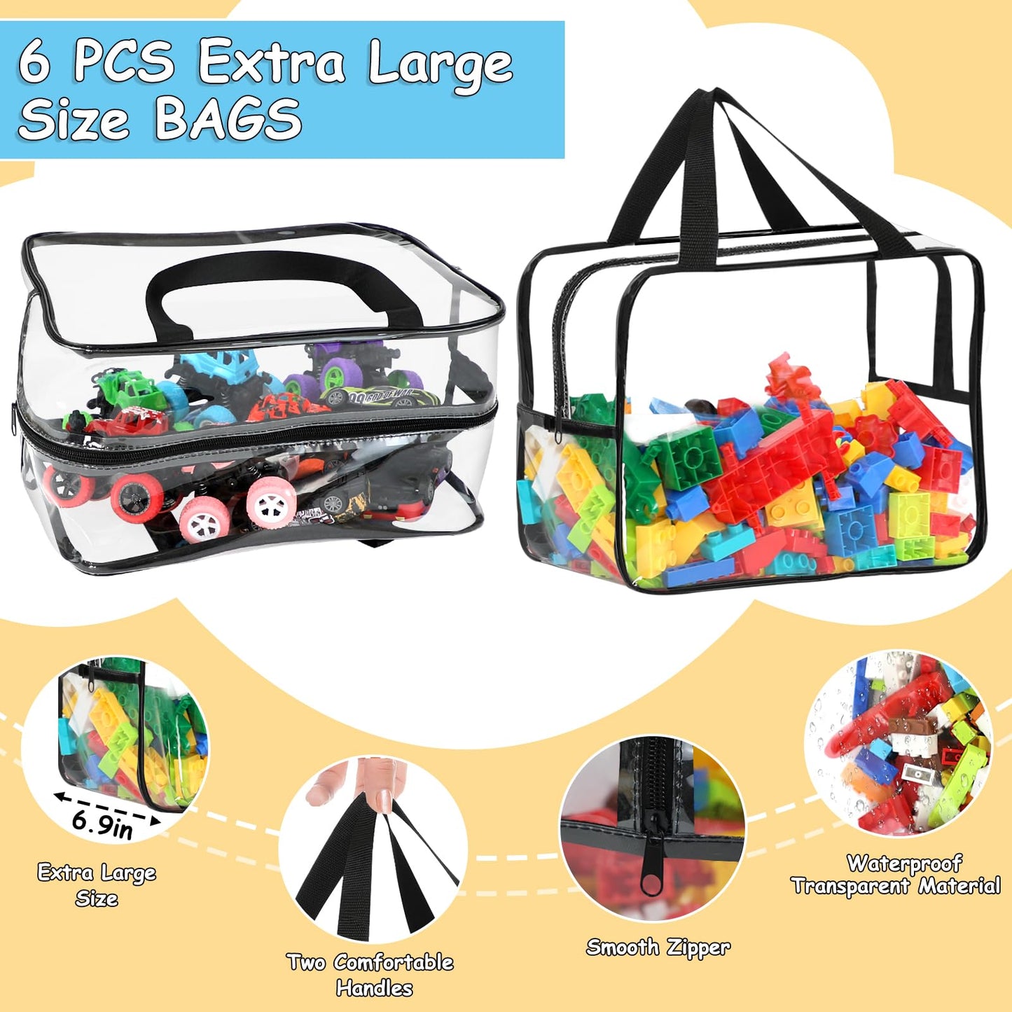 6 Packs Extra Large Toy Storage Bags 12.6  9.25  6.9In With Labels, Reusable Clear Pvc Board Game Storage, Travel Waterproof Org