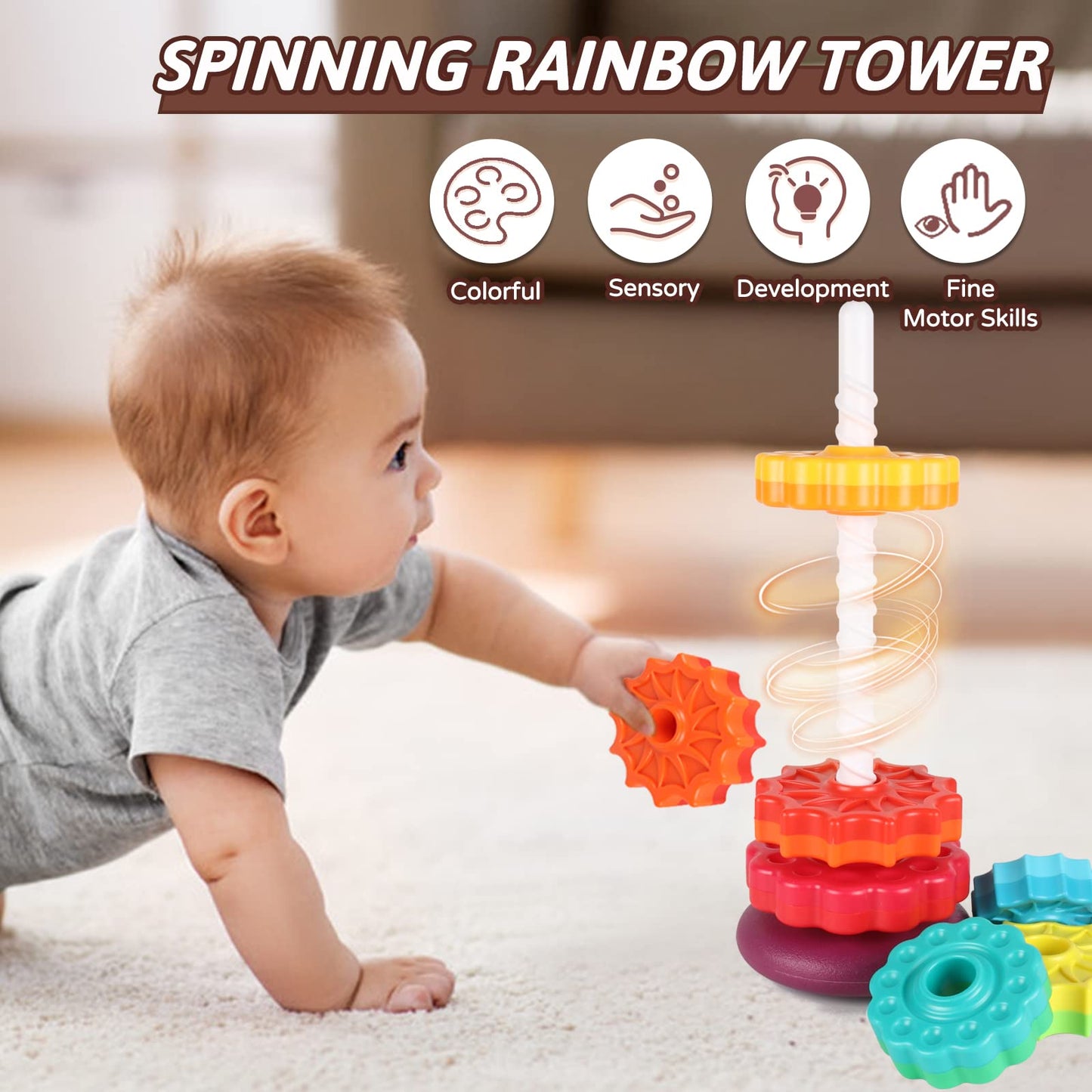 Juxue Spinning Toy, Rainbow Stacking Toys For Toddlers 1-3, Ring Stacker Baby Toys 6 To 12 Months, 1 One Year Old Girl Boy Christmas Birthday Gifts, Montessori Autism Sensory Toy