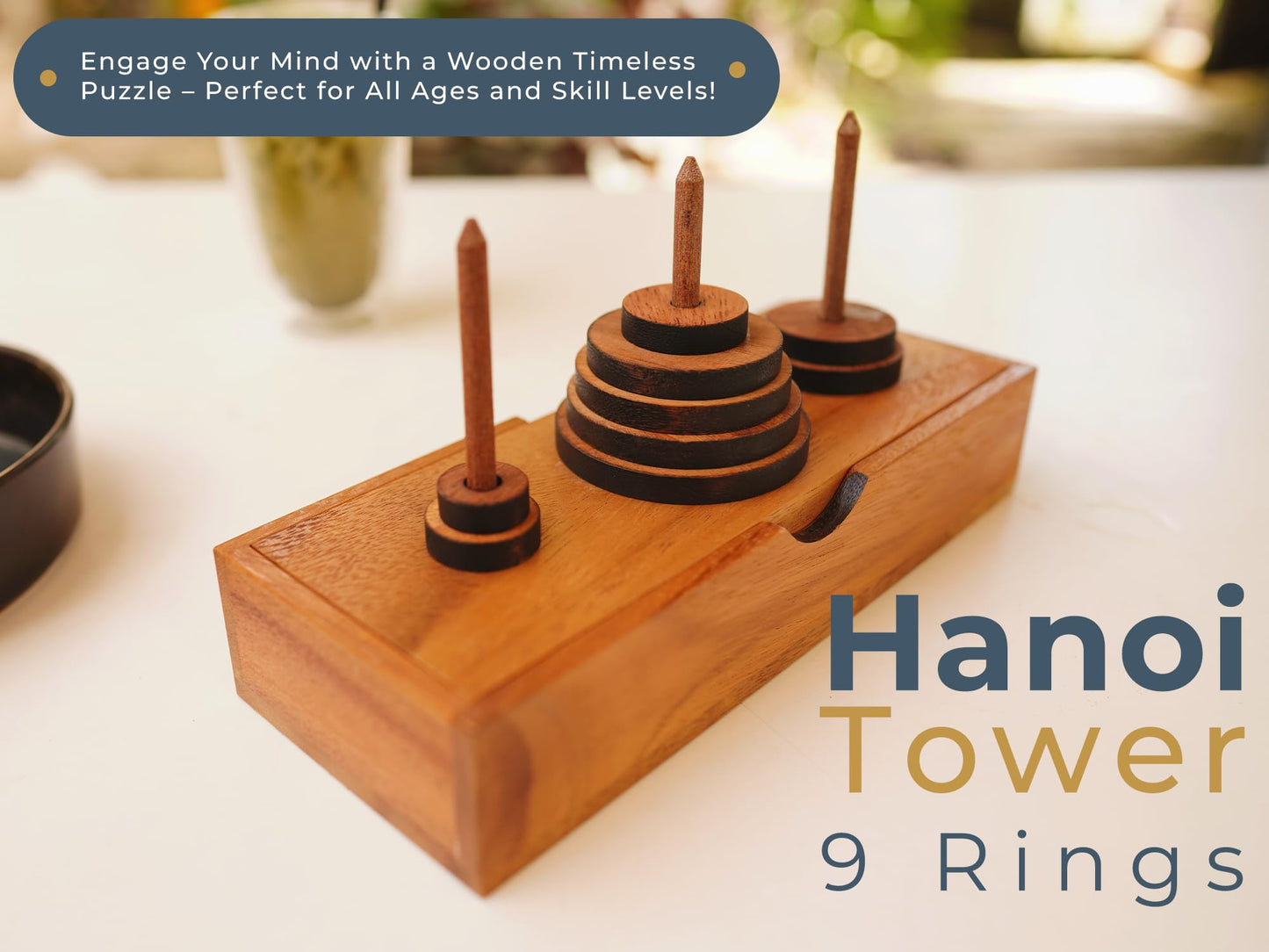 Bsiri Fun Puzzle Board Games Gifts Of Hanoi Tower (9 Rings) With Wooden Designs For Brain Teasers Logic Games Kids And Adults To Challenges Mastermind Game And Think For Fun Learning Tower Puzzles