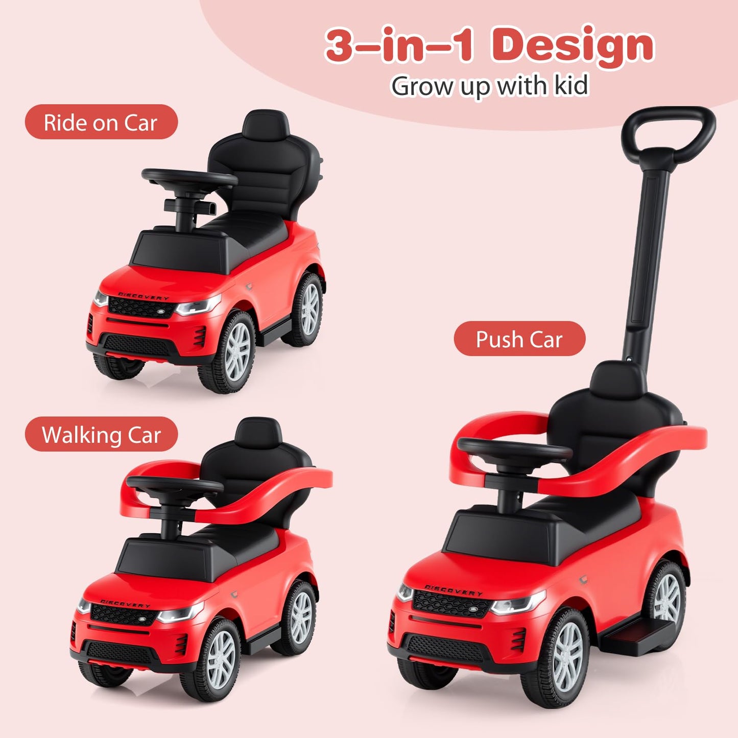OLAKIDS Push Car for Toddlers  3 in 1 Licensed Landrover Baby Ride on Toy with Parent Control Handle Safe Guardrails  Kids Sliding Walker with Under Seat Storage Horn for Boys Girls (Ruby)