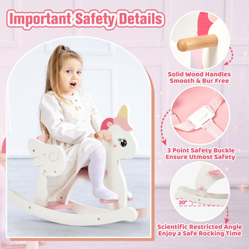 Funlio Unicorn Wooden Rocking Horse Ages 0.5-3, Cute Baby Rocking Horse With Safety Belt & Backrest, Easy To Assemble Toddler Ride On Toys, Cpc & Ce Certified - Pink