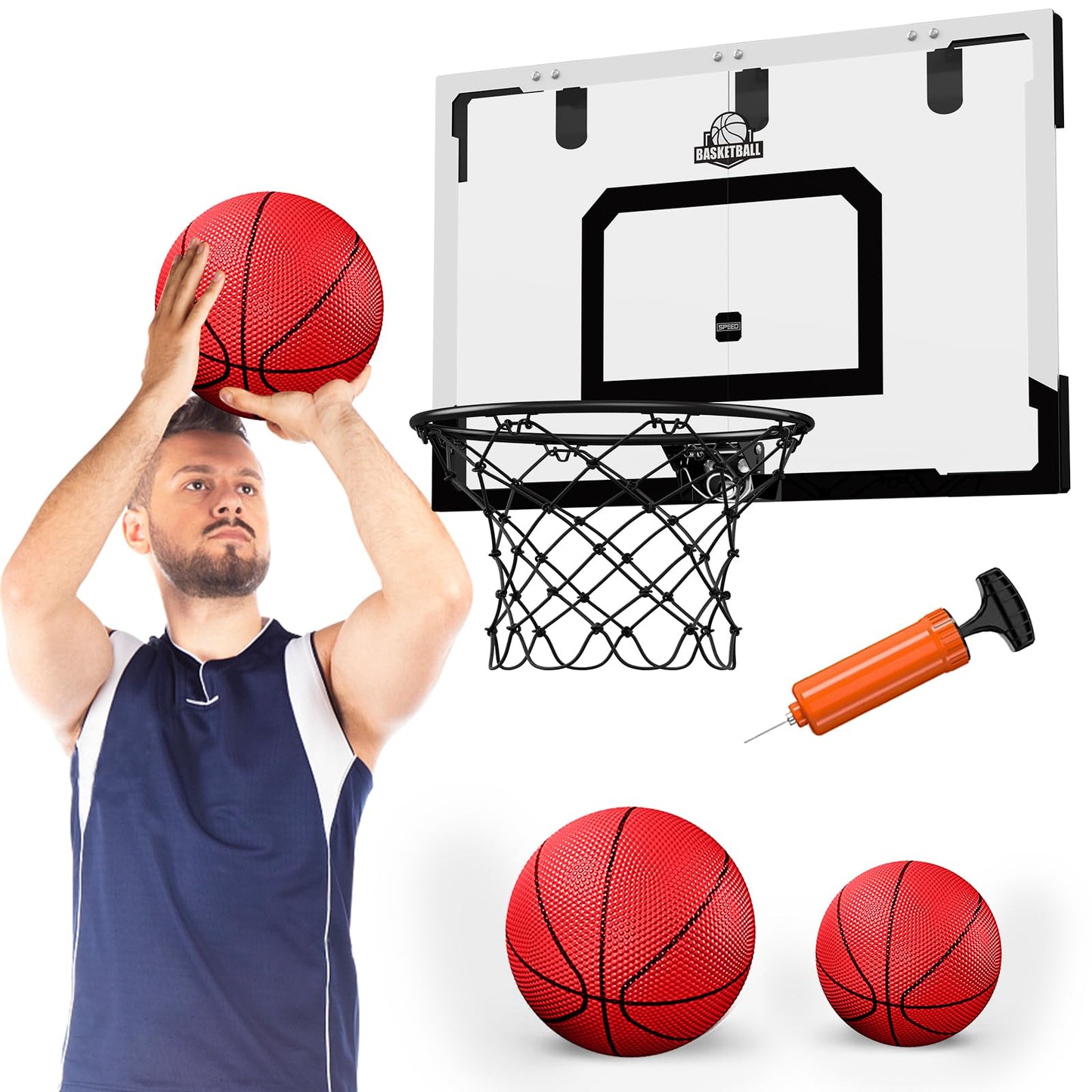 Hyes 24'' X 16'' Large Basketball Hoop Indoor For Adults, Over The Door Basketball Hoop With Sturdy Backboard, Big Basketball To
