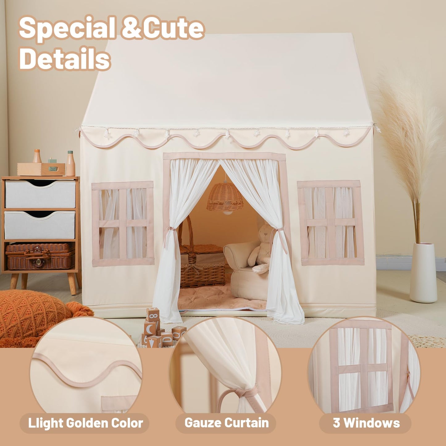 Wilwolfer Play Tent For Kids Indoor - Kids Play Tent Indoor Toddlers Play Tent Large Toddler Tent For Kids Toy House Birthday Gift For Boys & Girls Playroom Decor (Beige Playhouse With Mat)