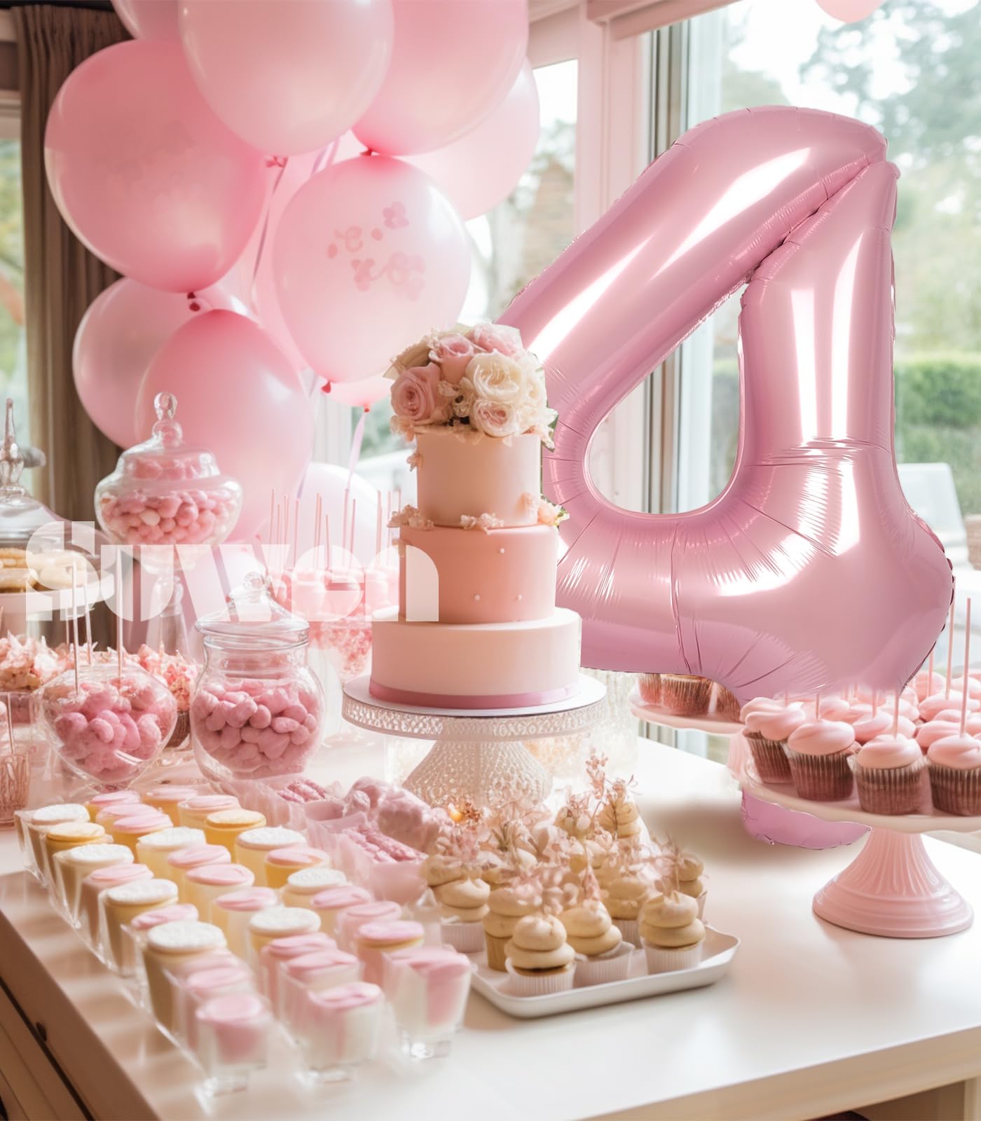 Suwen 40 Inch Pink Large 4 Number Balloons Big Foil Helium Number Balloons 0-9 Jumbo Happy 4Th Mylar Birthday Party Decorations