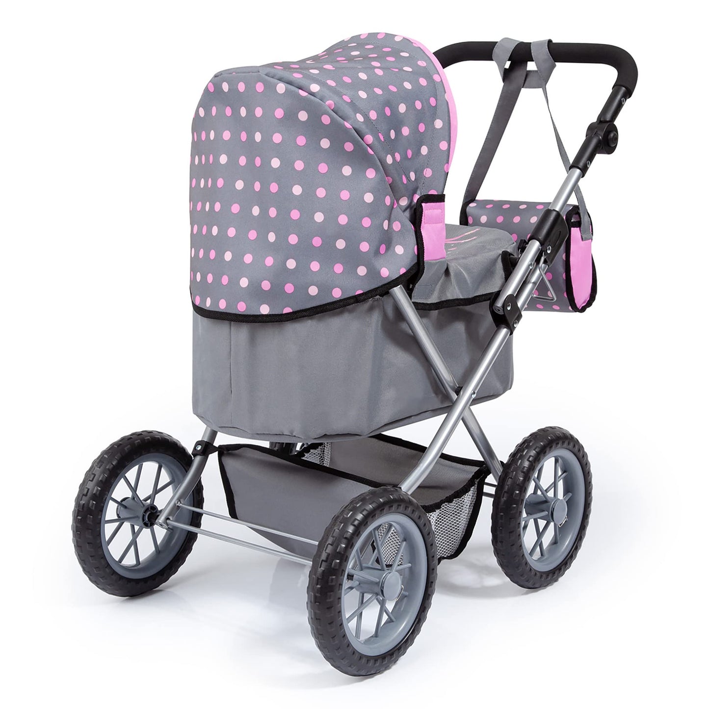 Bayer: Trendy Pram - Grey, Pink, Dots - Includes Shoulder Bag, Fits Dolls Up To 18, Adjustable Handle, Kids Pretend Play, Shoppi