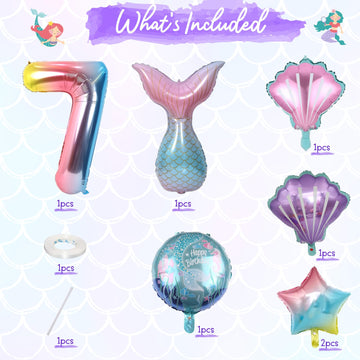 7Th Birthday Decorations - 8Pc Mermaid Balloons, 40' Rainbow 7, Helium Foil Mermaid Tail, Seashell Balloons