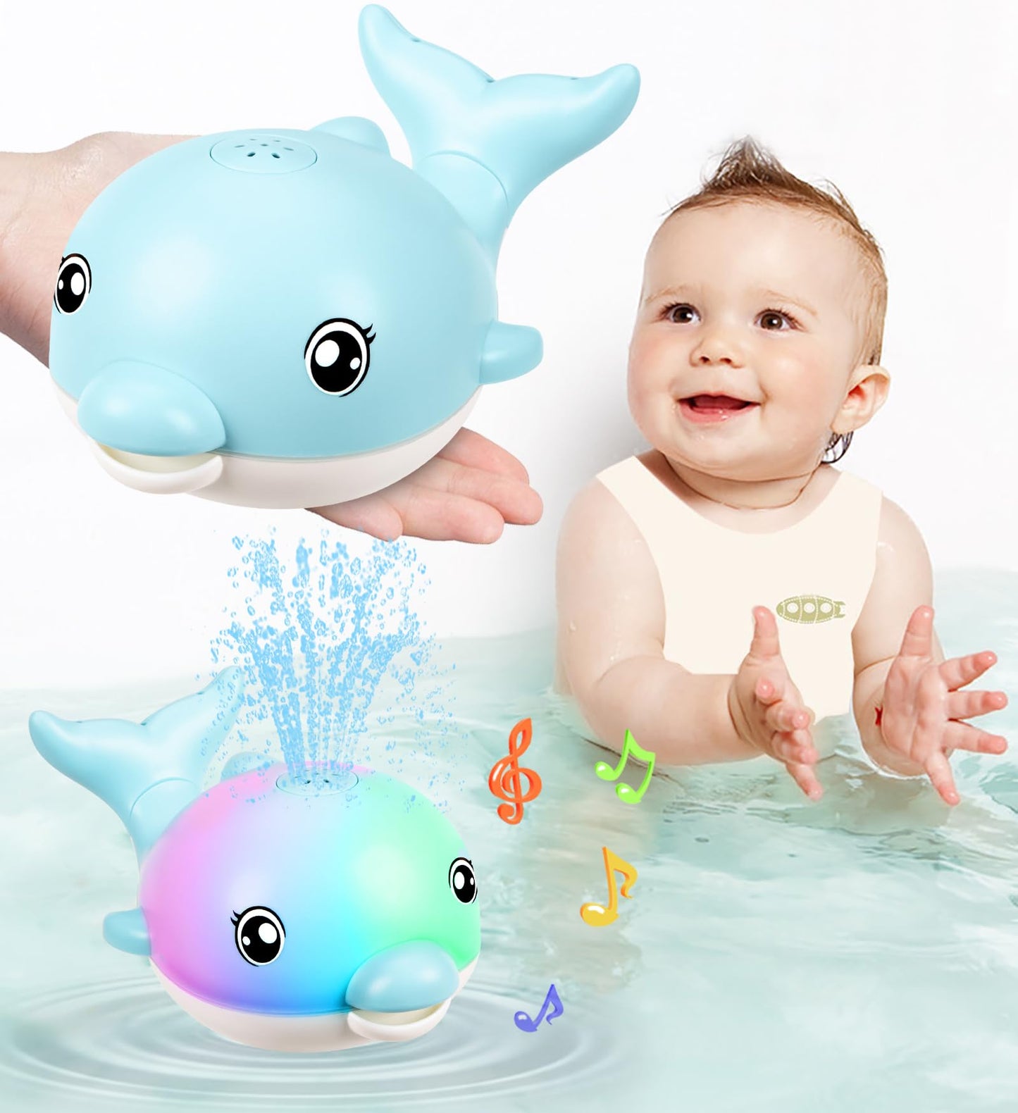 CAHILON Dolphin Sprinkler Bath Toy - Rechargeable, Light Up Music, Blue, 4.13 x 6.89 x 3.35 inches, Perfect for 1-6