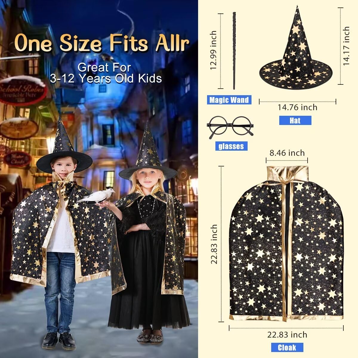 Lncojolm Wizard Robe Cape Hat Wand Witch Cloak Magician Costumes For Kids Boy Girl Cosplay Pretend Play Birthday Party Accessori