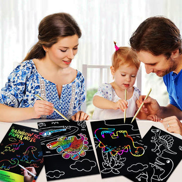 JUNQIU Scratch Art for Kids, Rainbow Scratch Paper Art Set - Dinosaurs, Arts and Crafts for Kids Ages 4-8 Girls Boys, Kids Activ