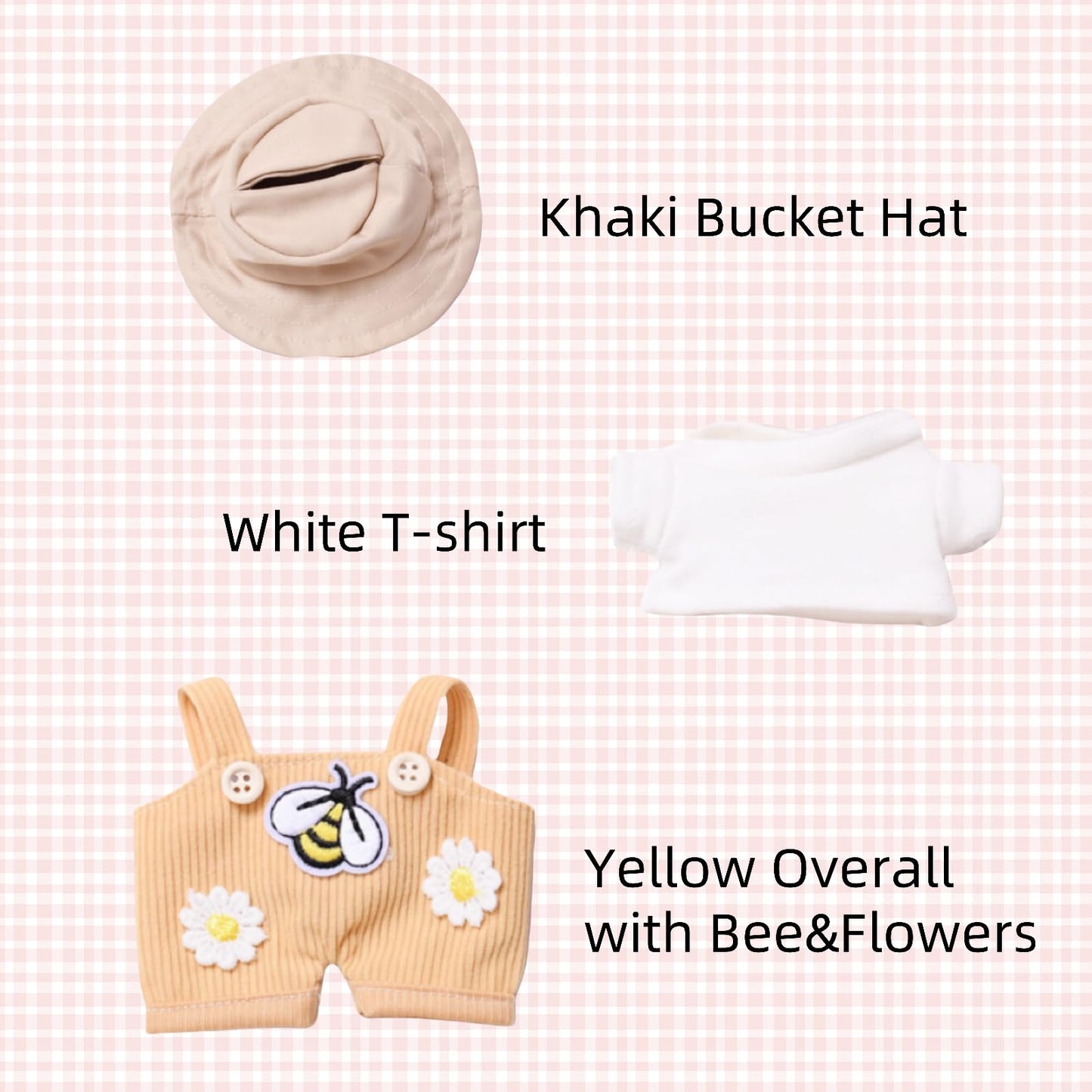 17cm Doll Designer Clothes  enhanced Doll Halloween Outfit Set Accessories with Tshirt  Yellow Overall  Black Camera  Glasses  Shoes  Khaki Bucket Hat  Yellow