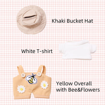 17cm Doll Designer Clothes  enhanced Doll Halloween Outfit Set Accessories with Tshirt  Yellow Overall  Black Camera  Glasses  Shoes  Khaki Bucket Hat  Yellow