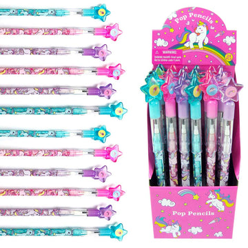 TINYMILLS 24 Pcs Unicorn Stackable Push Pencil Assortment with Eraser for Unicorn Pink Birthday Party Favor Prize Carnival Goodi