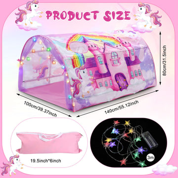 Wowangce Unicorn Bed Tent For Kids Large Kids Twin Tent Toddler Play Tent With Carry Bag Foldable Tent For Kids With String Ligh