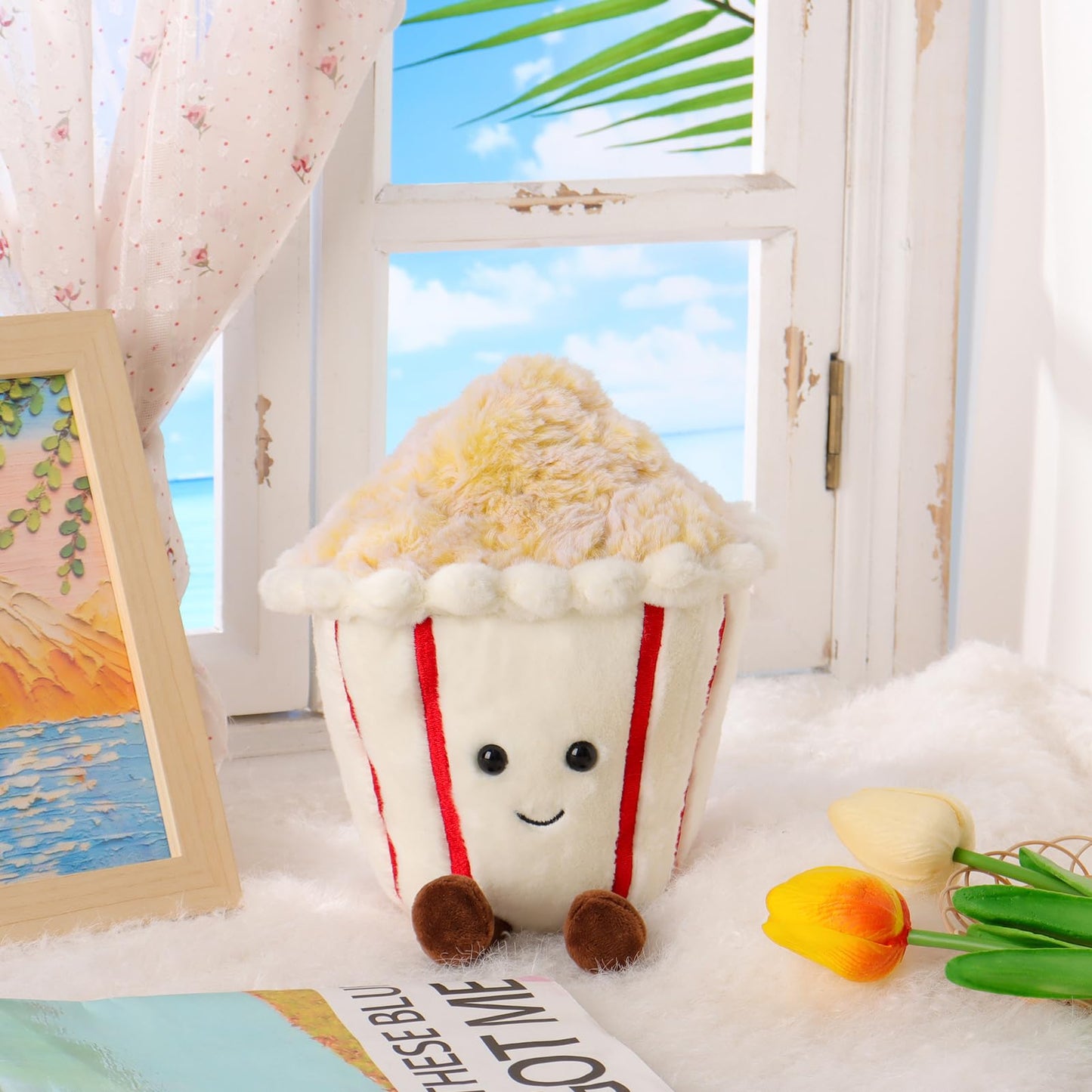 Apricot Lamb Soft Plush Popcorn Toy, Fluffy 7.9-Inch Stuffed Animal for Kids, White Polyester, Cute Gift for Baby Girls and Boys