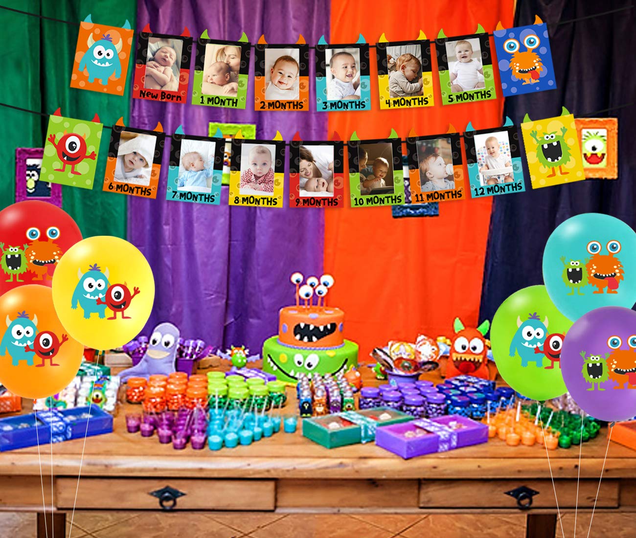 Monster 1st Birthday Decorations Kit - Monster Bash Photo Banner Balloons Cupcake Toppers for Little Monster Party Supplies