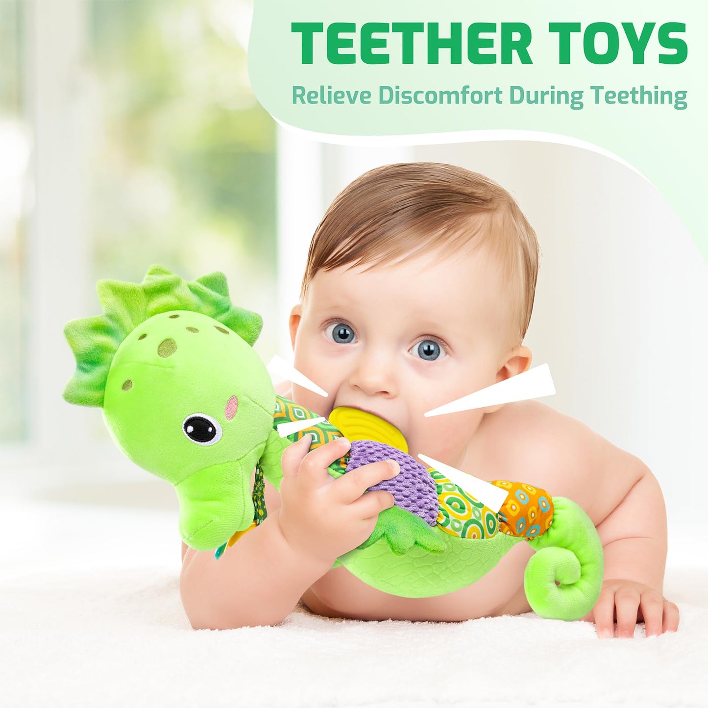 Sumobaby Infant Baby Musical Stuffed Animal Activity Soft Toys With Multi-Sensory Crinkle, Rattle And Textures, For Tummy Time Newborn 0-3-6-12 Months Boys, Girls, Seahorses, Green