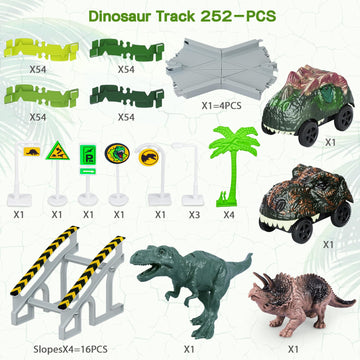 Dinosaur Toys, 252 Pcs Create A Dinosaur World Road Race Tracks, Flexible Track Playset, 2Pcs Dinosaur Car For 3 4 5 6 Year Old Boys Girls Birthday Party Favor Gift